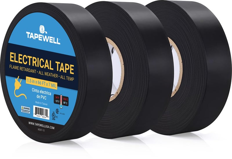 TAPEWELL Black Electrical Tape - Professional Grade - 3/4 inch x 66ft - PVC Vinyl Electrical Insulating Tape for All Weather - U/L Approved - Waterproof - Pack of 3 - Image 1